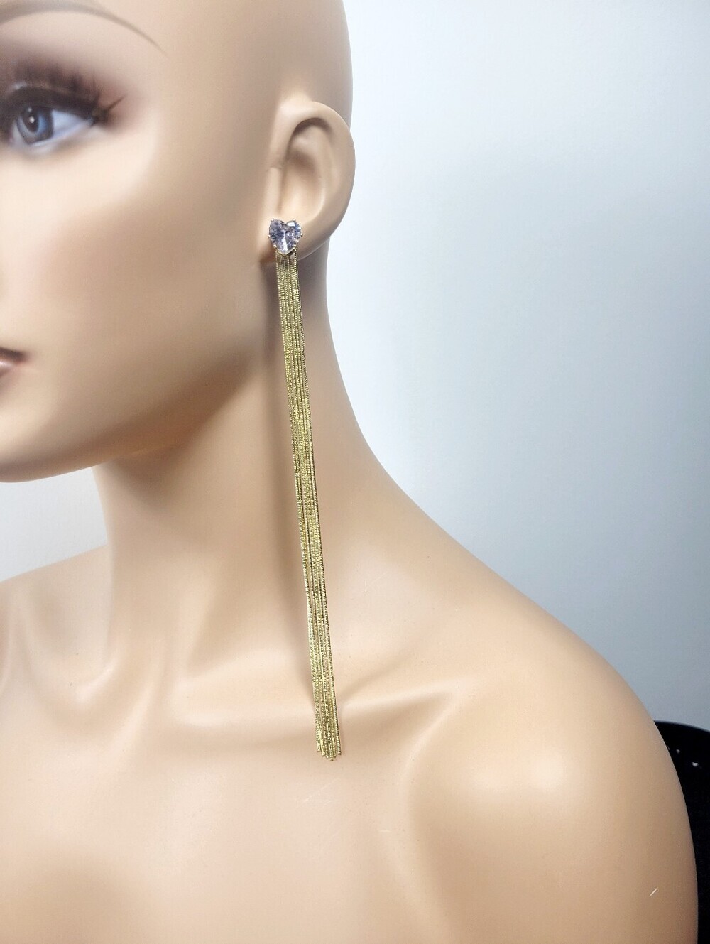 Brand New Gold Tone Tassel Rhinestone Heart Earrings